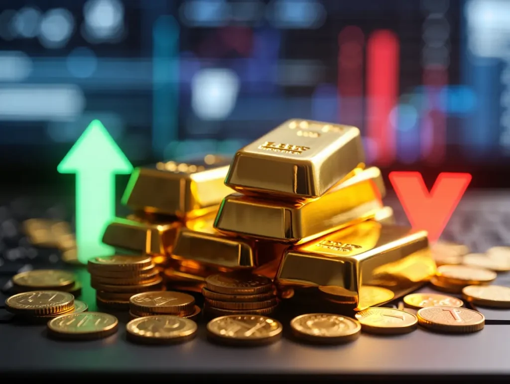Realistic gold bars and gold coins with a subtle upward and downward price arrow, digital market background, soft financial glow, modern news-style composition, global economy theme, no documents, no tables, no text, high resolution