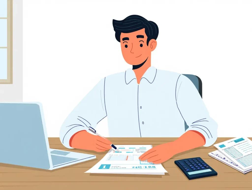 A realistic illustration of an adult reviewing health insurance bills and documents at a desk, calculator and laptop visible, calm professional tone, healthcare finance theme, natural lighting, no text, no logos, high resolution