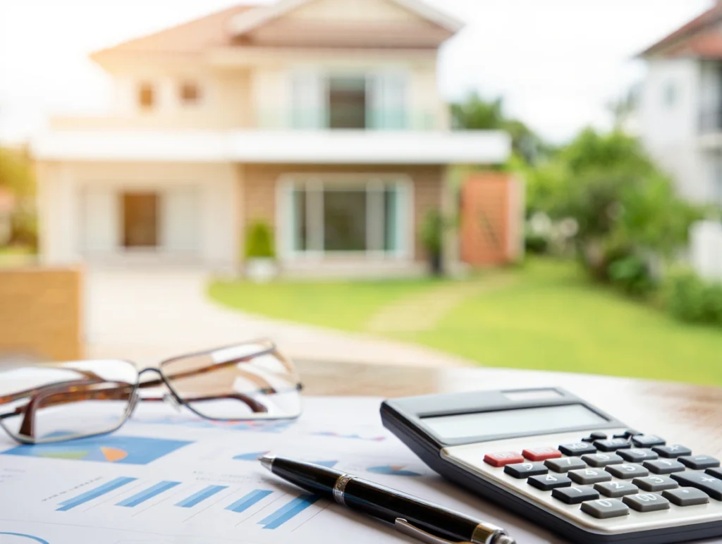A realistic illustration of a suburban home with insurance documents and a calculator on a table in the foreground, calm professional tone, home insurance finance theme, natural lighting, no text, no logos, high resolution