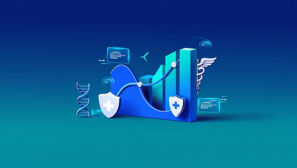 A modern, professional illustration of a stock market graph overlaying health insurance icons, like medical symbols and innovation tech