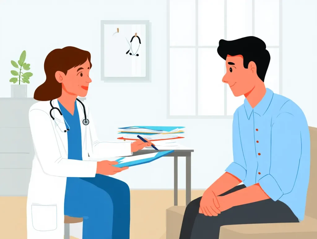 A respectful, professional illustration of a healthcare consultation involving a patient and a doctor, medical insurance documents visible, calm and supportive atmosphere, diverse adults, clean clinical setting, soft lighting, no text, no logos, high resolution
